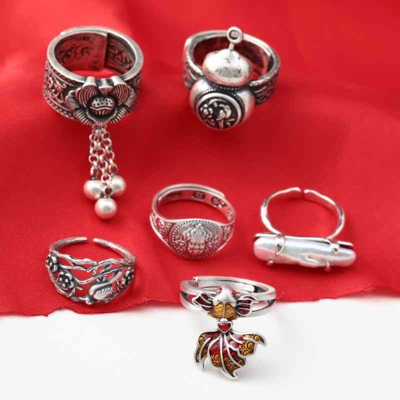 指輪 純銀 ひょうたん 小花 金魚 小鳥 黄財神 モチーフ 幅広 ヴィンテージ レトロ加工 貝パール 開閉式..