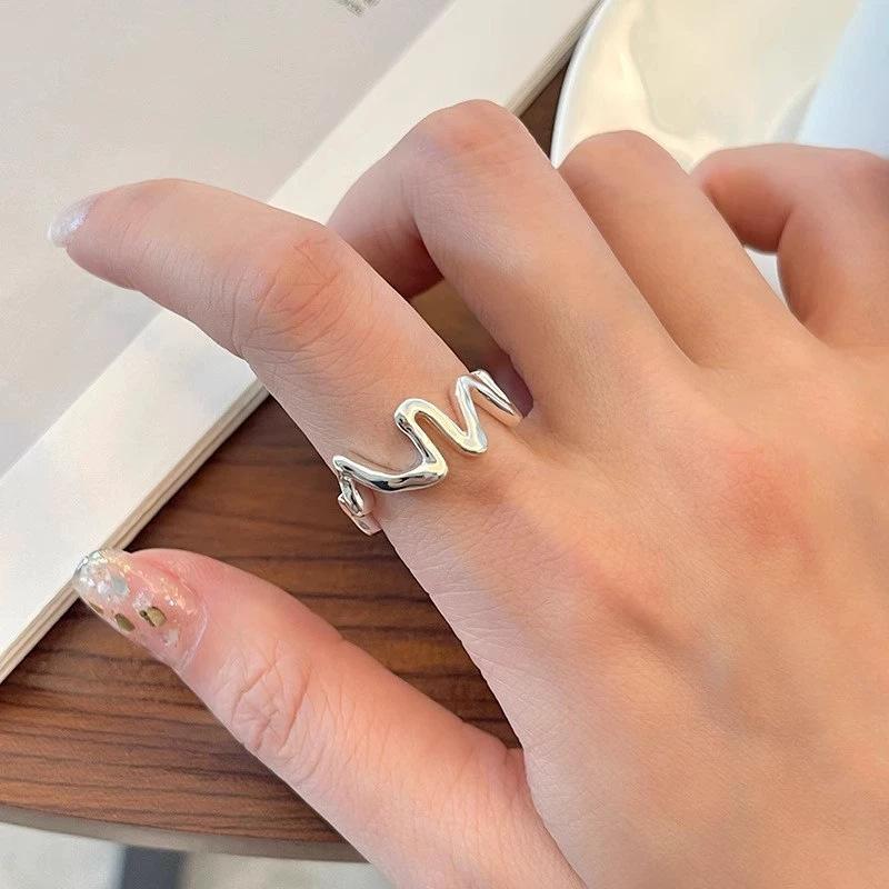 指輪 レディース 純銀 不規則波浪 心電図デザイン 気質 通勤 百搭 開口式 韓国風 インフルエンサー シ..