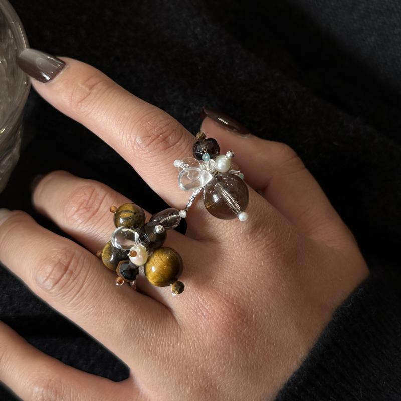 指輪 レディース 天然石 虎眼石 白水晶 ビーズ 925シルバー 手作り 高級感 ファッション 誇張デザイン ..