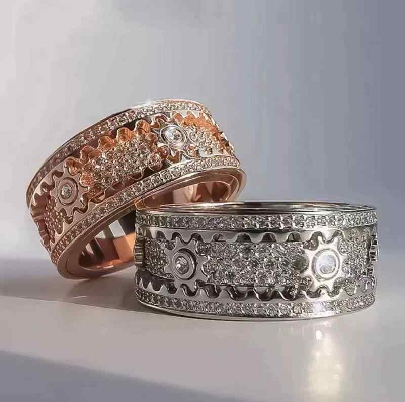 指輪 男女兼用 欧米風 精巧彫刻 ジルコニア満載 歯車デザイン 回転式 満天星 アクセサリー ジュエリー ..