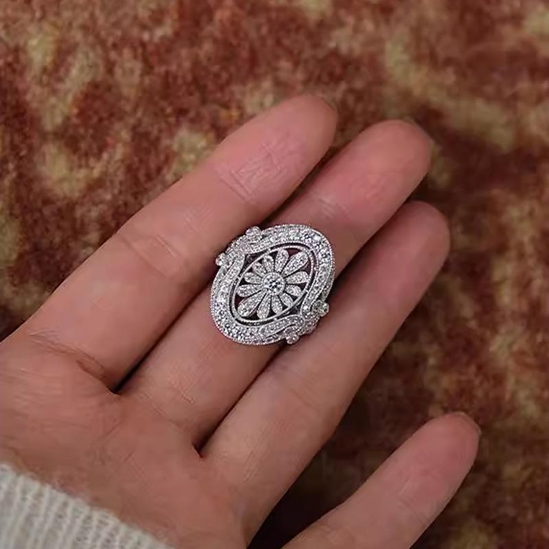 指輪 レディース レトロ 雛菊 レース デザイン 楕円形 ジルコニア 満載 人差し指 925シルバー 高級感 ..