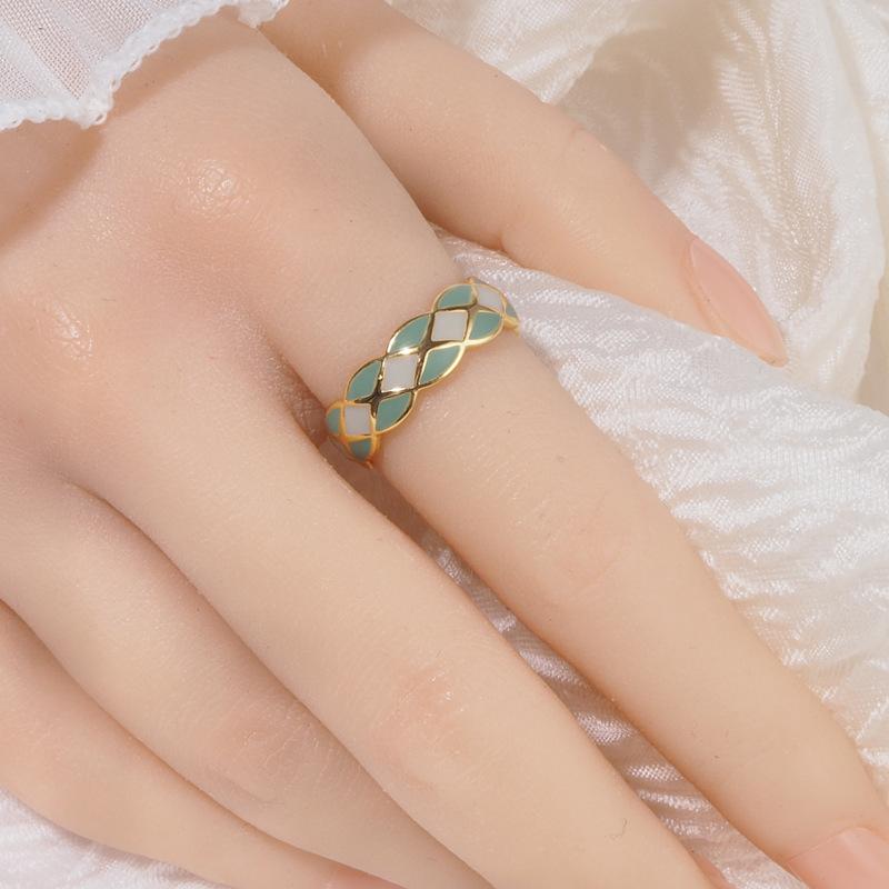 指輪 かわいい レディース 純銀 開口 二色切り替え 菱形格子 樹脂装飾 高級感 人差し指用 ファッション..