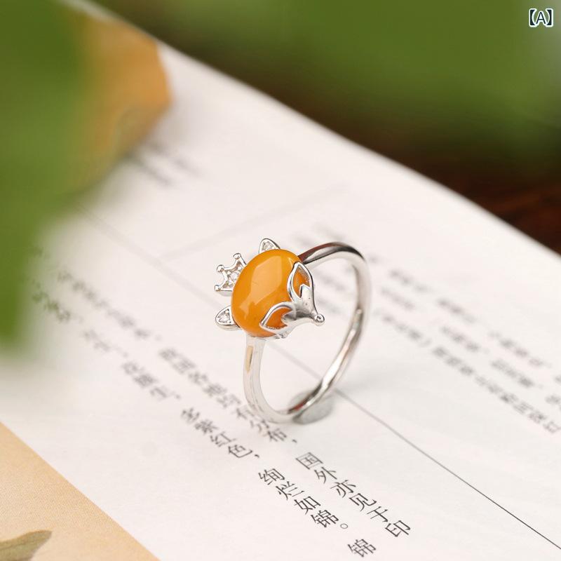 指輪 レディース 925スターリングシルバー 天然琥珀 狐モチーフ かわいい動物デザイン オーバルカット ..