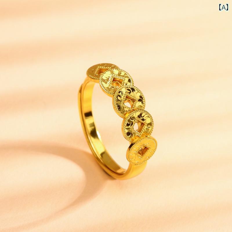 指輪 ユニセックス ラッキーアイテム 五帝銭 デザイン 電気メッキ加工 金色 銀色 コイン モチーフ ユニ..