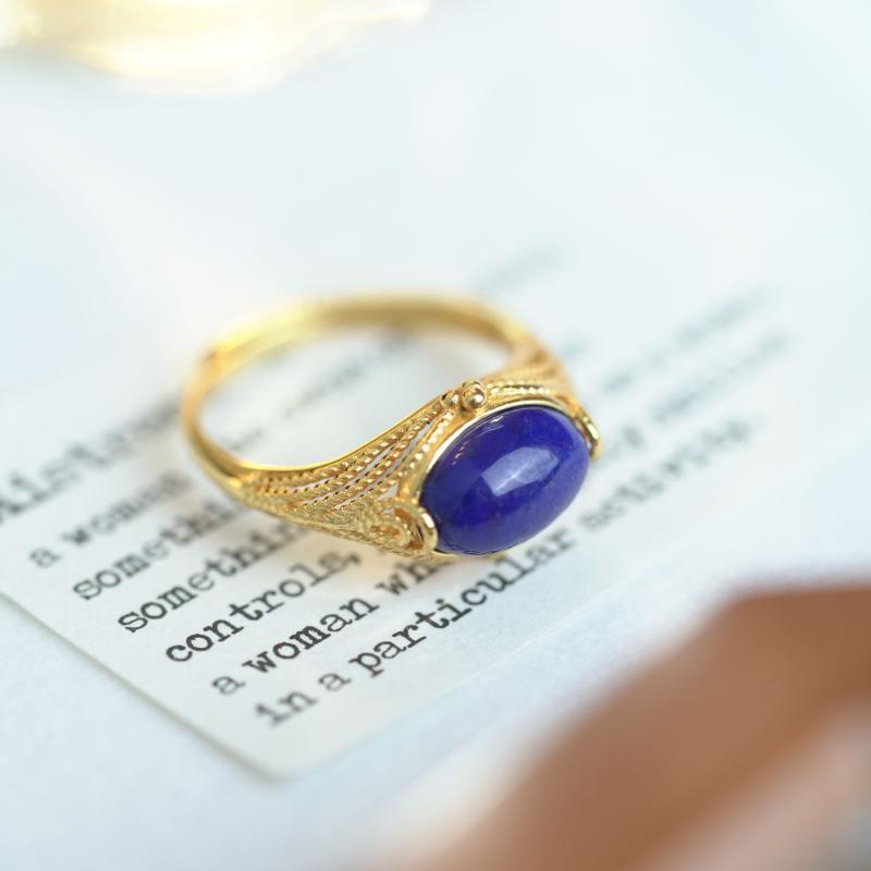 指輪 レディース 925シルバー ゴールドメッキ ラピスラズリ 楕円形 インセット アーティスティック レ..