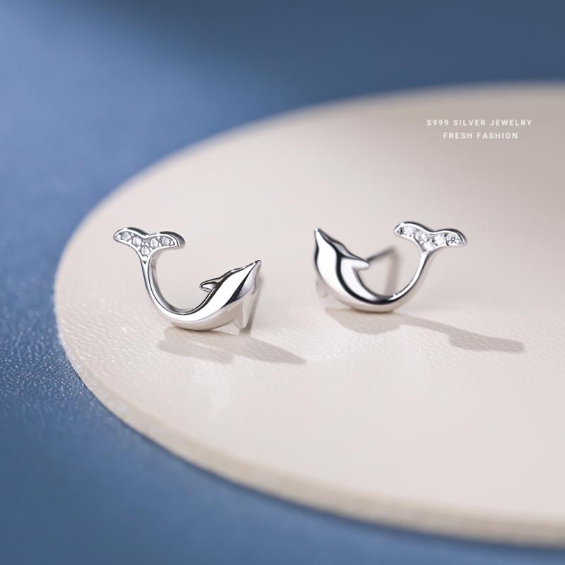 Dine Al - ピアス レディース 韓国風 森系 ナチュラル ドルフィン 耳骨 純銀 シルバー シンプル スタイリッシュ 百搭 ファッション 小众 ユニーク 耳飾り アクセサリー 日常使い