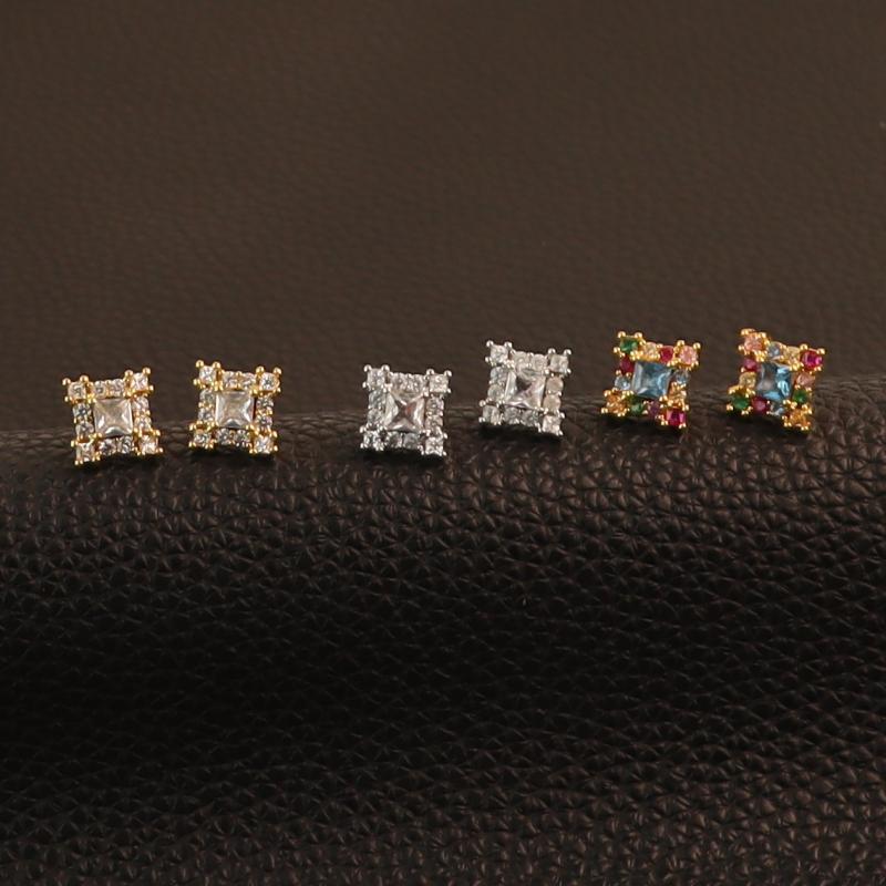 Cubic Zirconia - ピアス レディース スタッドイヤー 幾何学 四角形 金メッキ加工 ジルコニア 輝き シンプル モダン ファッション 日常使い コンパクト 繊細 アクセサリー