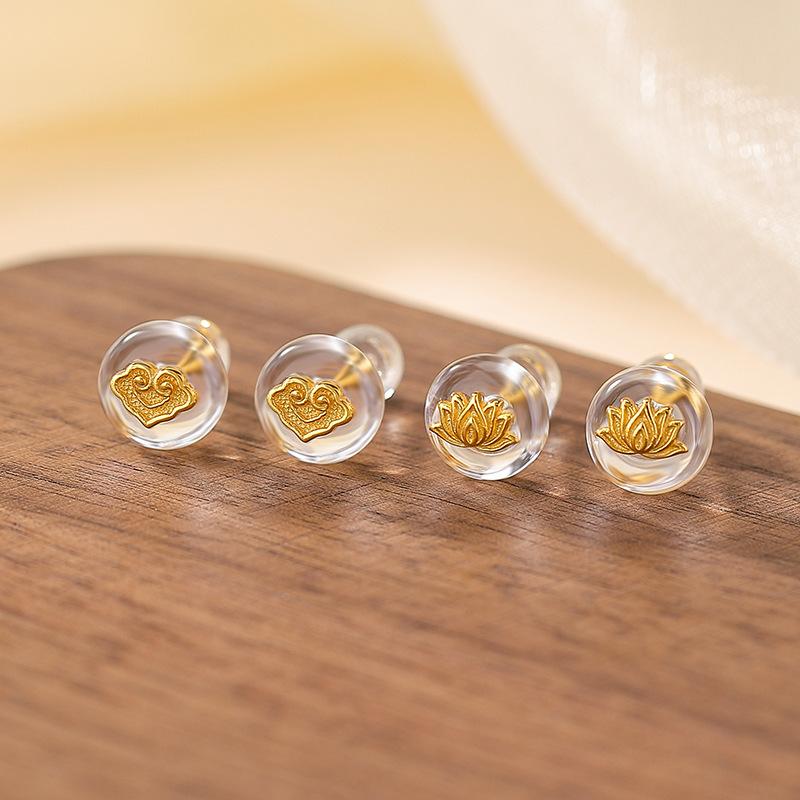 ピアス レディース 天然水晶 白水晶 如意 蓮花 モチーフ 925シルバー ゴールドメッキ スタッド イヤースタッド 丸型 アクセサリー ファッション ジュエリー 天然石 銀アクセ