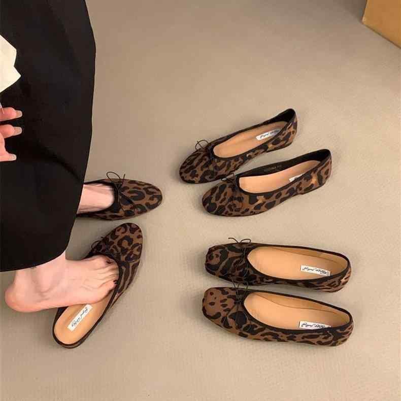 レディース フラットシューズ ヒョウ柄 スエード 春秋 蝶結び バレエシューズ フレンチスタイル 軽量 快適 通勤 通学 カジュアル(4.0)