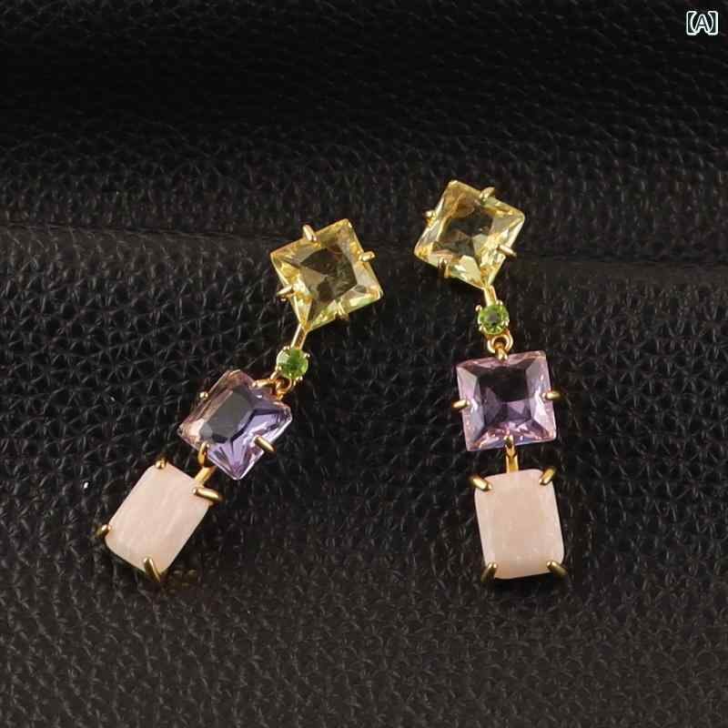 レディース ロング イヤリング アシンメトリー グラデーションカラー 半透明クリスタル ジオメトリック 質感 ドロップ 耳飾り ファッション アクセサリー エレガント モダン カラフル 2