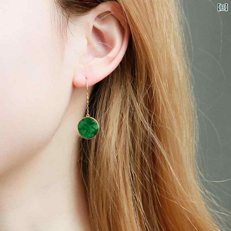 レディース イヤースタッド 翡翠 花青 霜青 デザイン 18K ゴールド メッキ 天然石 円形 シンプル 耳飾り アクセサリー ジュエリー 女性用 ピアス ドロップ スタッド 宝石 アクセント 日常使い 通勤 通学 ギフト ラッキーアイテム