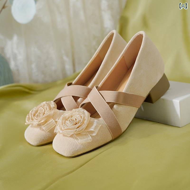 春夏 レディース メアリージェーンシューズ ツバキ柄 バレエ風 フェミニン フランススタイル 浅口 太ヒ..