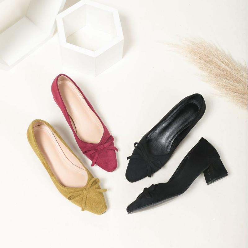 パンプス レディース バレエ風 蝶結び 浅口 チャンキーヒール ミドルヒール ハイヒール 春秋 スカートコーデ 百搭 シングルシューズ 女性シューズ バレエシューズ デザイン