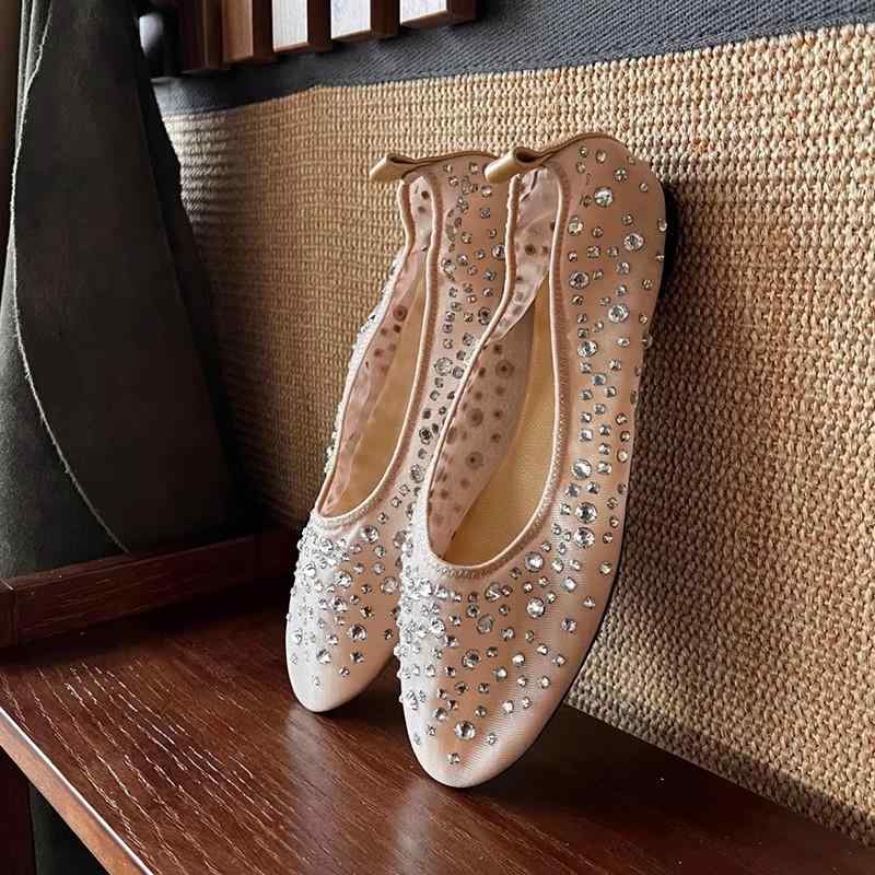 春夏 レディース フラットシューズ メアリージェーン バレエ風 ラインストーン メッシュ生地 浅口 フラ..