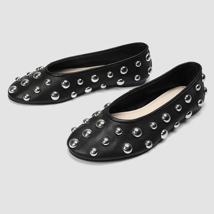 バレエシューズ レディース フレンチスタイル ラウンドトウ スタッズ レトロ フラットソール 春夏 スリップオン ローカット フラットシューズ かわいい エレガント カジュアル 日常使い