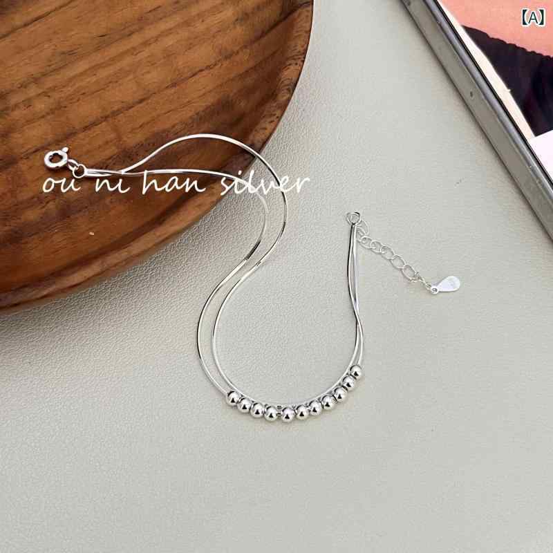 ブレスレット レディース 925純銀 二重丸珠 蛇骨チェーン 高級感 シンプル レイヤード アクセサリー ジ..