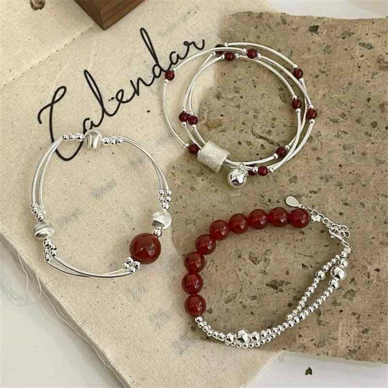 ブレスレット レディース 天然赤瑪瑙 多層 セット 925 シルバー シンプル 高級感 韓国 スタイル ラッキ..