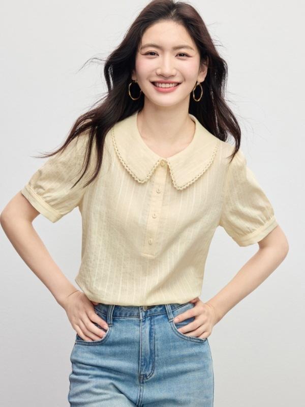 レディース ブラウス 半袖 夏 ビッグカラー 襟付き パフスリーブ ぽわん袖 フレンチスタイル フェミニン ガーリー 大人可愛い 通勤 オフィスカジュアル きれいめ 上品 細見え 体型カバー 若見え 夏服
