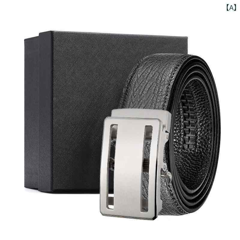 ベルト メンズ 本革 レザー 牛革 ステンレス 自動バックル ラチェット ビジネス カジュアル フォーマル 通勤 デイリー 高級感 革製 腰帯 男性 パンツベルト