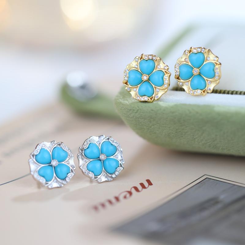 イヤリング レディース シルバー ゴールドメッキ 四葉クローバー ターコイズ 埋め込み 高級感 通勤 シンプル 上品 女性用 ファッション 耳飾り アクセサリー ジュエリー 軽量 日常使い