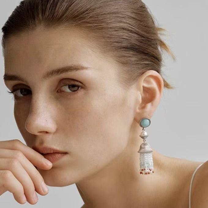 レディース ピアス ブルー 天河石 スタッド イヤードロップ 高級感 シンプル 百搭 パール フリンジ 新中式 ビーズ 耳飾 アクセサリー ジュエリー 天然石 揺れる デザイン 汎用 日常使い ギフト モダン 東洋風