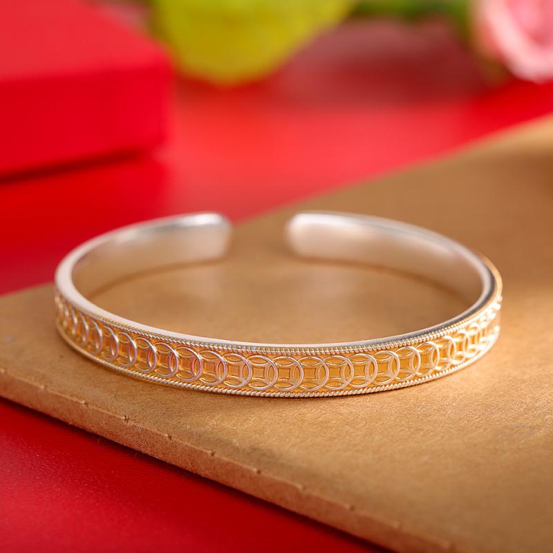 ブレスレット レディース 純銀 999 レトロ 金貨 モチーフ シンプル 開口型 ファッション アクセサリー ..