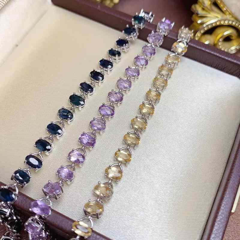 ブレスレット ユニセックス 天然 イエローシトリン パープルアメジスト ブルーサファイア 925シルバー ..