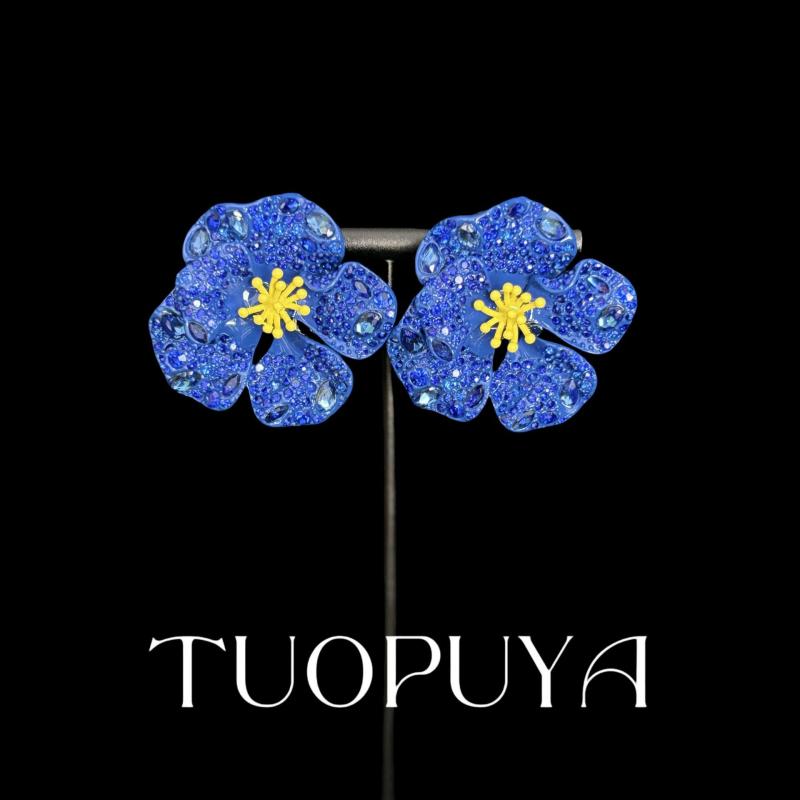 レディース イヤリング 宝藍色 立体花 モチーフ 黄藍 ツートンカラー レトロ 高級感 宝石 密埋め込み キラキラ デザイン 女性 アクセサリー 耳飾り フラワー