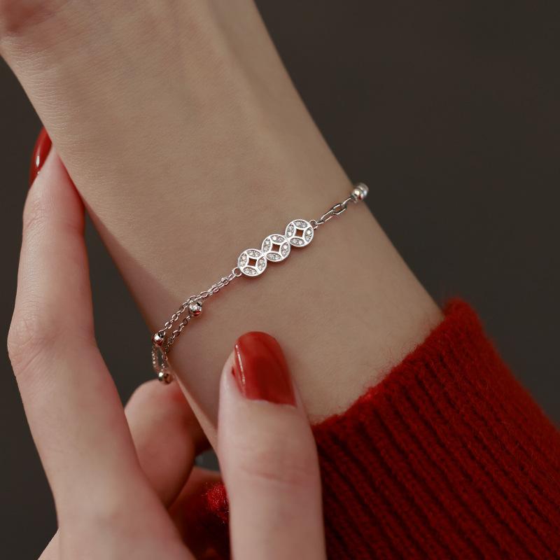 レディース ブレスレット 925シルバー 転運銅銭 同心銭 微細装飾 デザイン レトロ シンプル 新中式 ラ..