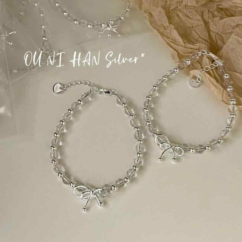 レディース ブレスレット 925純銀 蝶結び 白水晶 シンプル デザイン 光ビーズ アクセサリー ジュエリー..