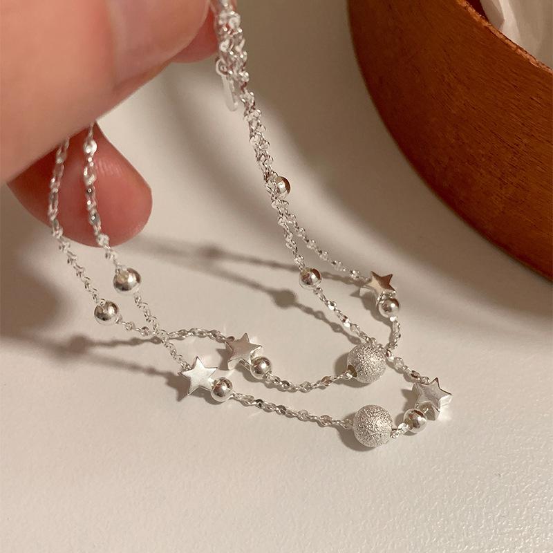 ブレスレット レディース シンプル 星モチーフ ダブルレイヤー 925シルバー マット仕上げ 丸ビーズ 高..