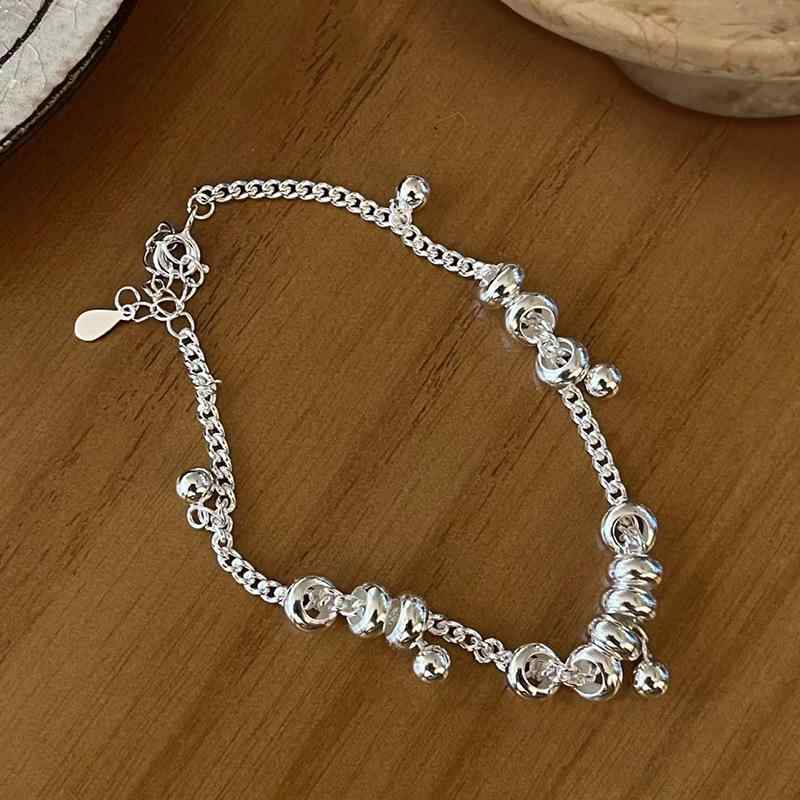 ブレスレット レディース 純銀 シンプル 幾何学 タッセル 丸ビーズ フリンジ 韓国風 高級感 ファッション 万能 アクセサリー 手首飾り 輪デザイン 日常使い コーディネート ジュエリー モダン スタイリッシュ