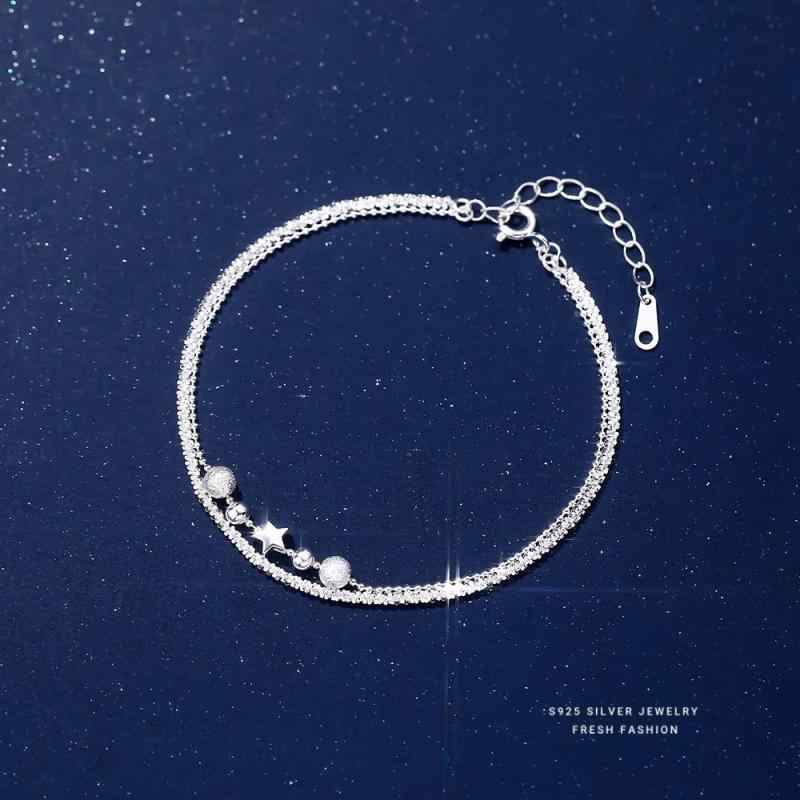 ブレスレット レディース 925シルバー 二重 星モチーフ 丸ビーズ 砕銀風 韓国風デザイン 重ね付け シン..