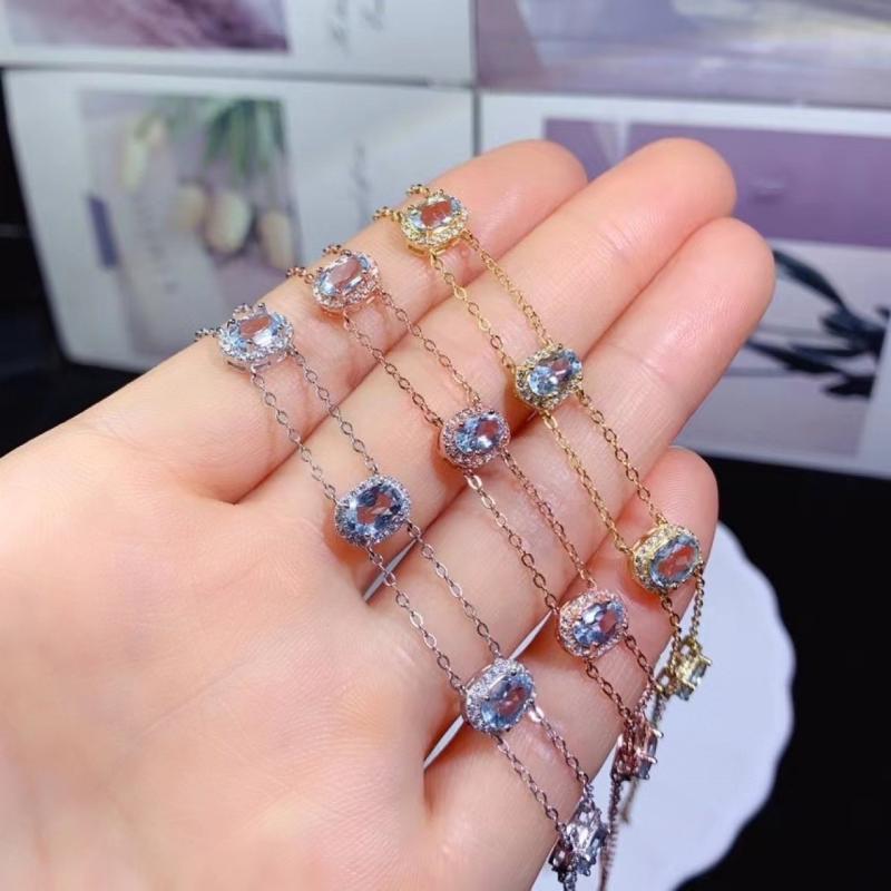 ブレスレット レディース 天然アクアマリン 925シルバー シンプル モダン 繊細 カラフル宝石 クリスタ..