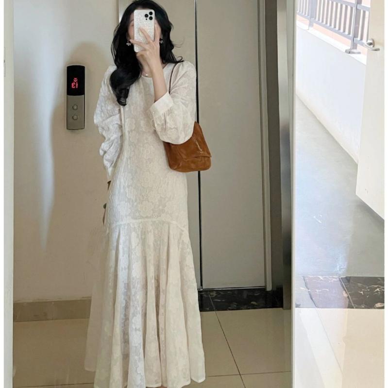 レディース ワンピース シフォン 刺繍 マーメイドライン フィッシュテール フレンチスタイル マキシ丈 上品 高見え きれいめ 体型カバー ホワイト 春 秋