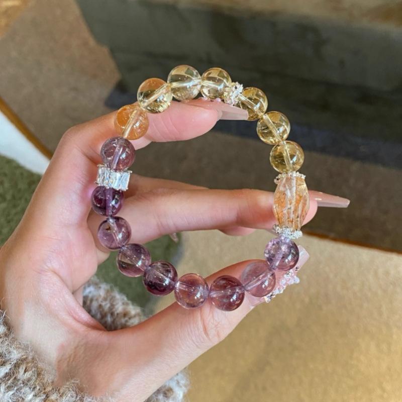 ブレスレット レディース 天然石 イエローアンバー パープルクリスタル ブラックゴールド 高級感 ファ..