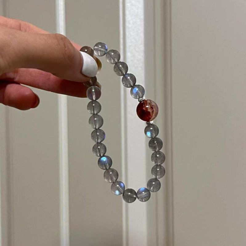 天然石ブレスレット レディース 月光石 ブルームーンストーン 赤い樹脂花 組み合わせ 高級感 極簡デザ..