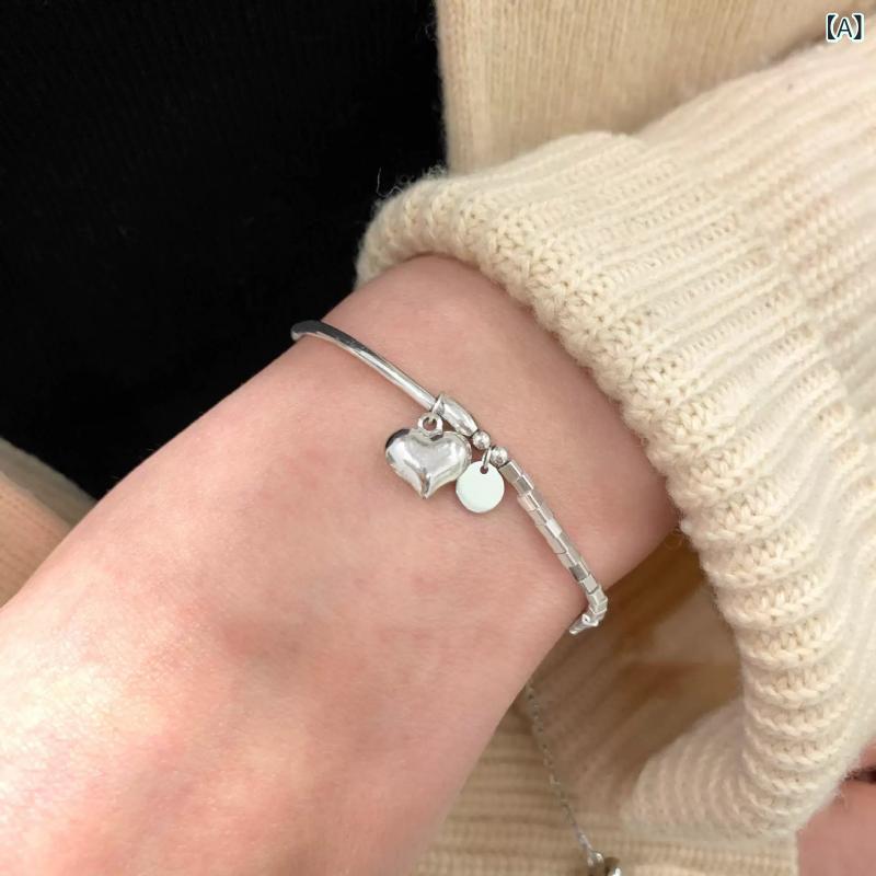 レディース 純銀 ブレスレット ハート モチーフ シンプル デザイン 高級感 丸型 プレート ファッション..