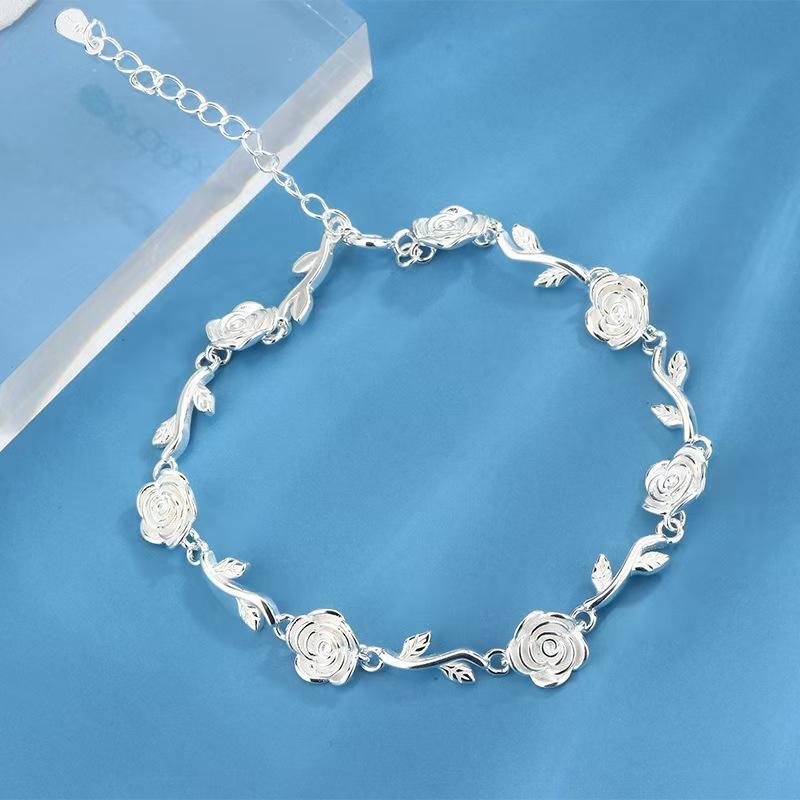 ブレスレット レディース 純銀 バラ花 モチーフ 調節可能 かわいい ユニーク デザイン 日常 アクセサリ..