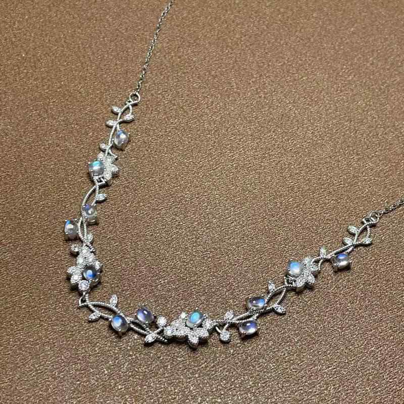 ブレスレット レディース 天然ブルームーンストーン S925シルバー フラワーモチーフ 緑葉アクセント フ..