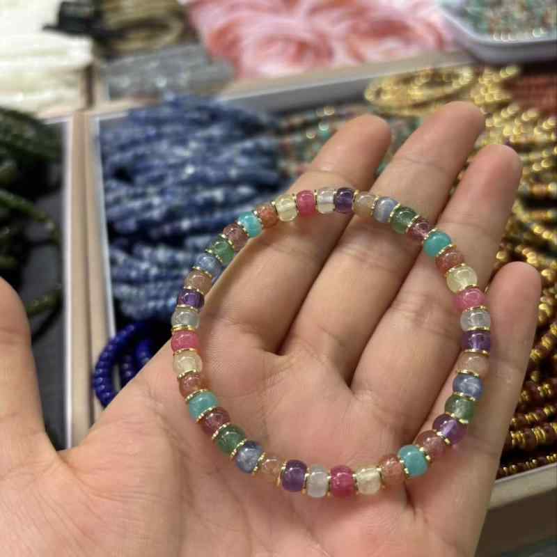 ブレスレット レディース 天然水晶 白水晶 アクアマリン 虹色 多色石 ピルカット 直切り シングル シン..