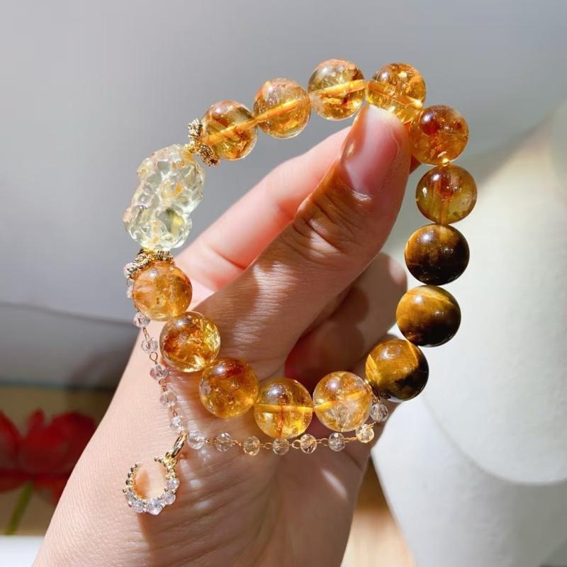 ブレスレット 男女兼用 天然石 シトリン 黄水晶 パワーストーン ラッキーアイテム イエロー ゴールド ..