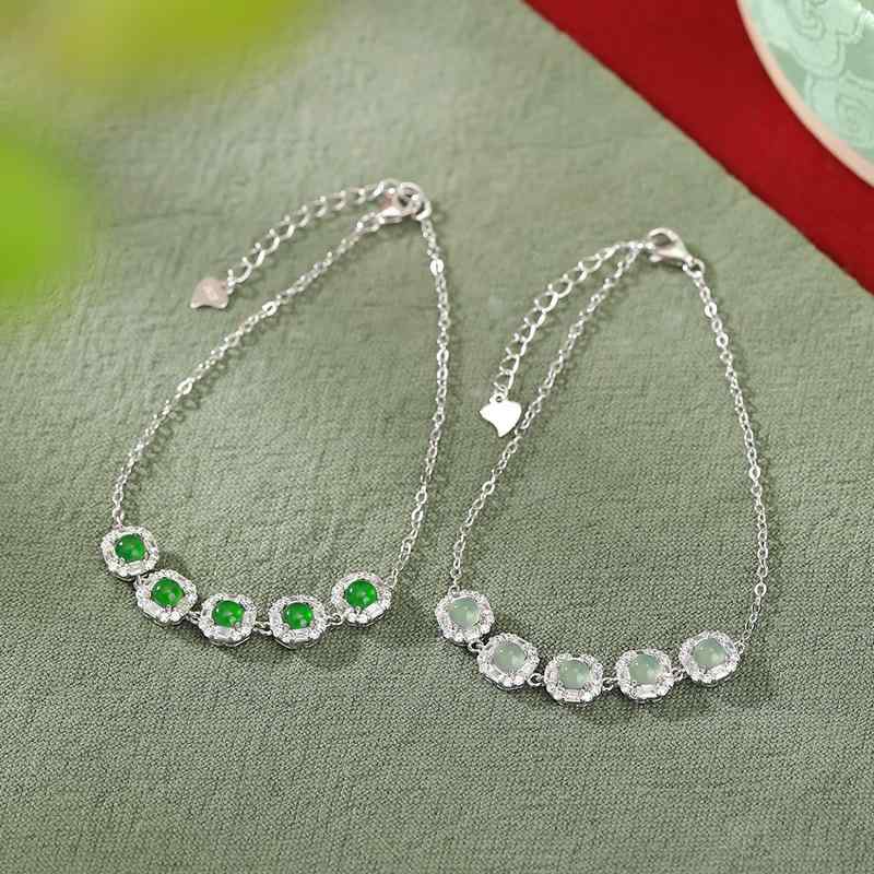 ブレスレット レディース 純銀 翡翠 ブルー グリーン レトロ シンプル 幾何学 四角形 丸ビーズ シルバ..