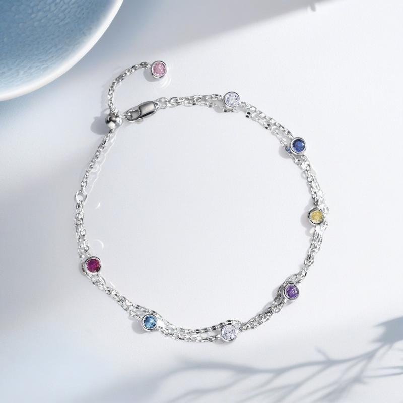 ブレスレット レディース 925シルバー 二層 気泡 虹色 カラージルコニア 調整可能 カラフル 爽やか ド..