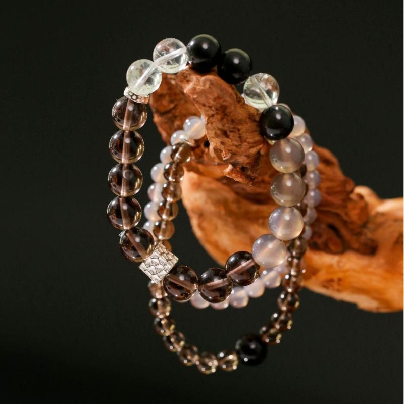 ブレスレット 男女兼用 茶晶 灰瑙 水晶 925シルバー シンプル 重ね付け チャイナ風 天然石 グレー ブラ..