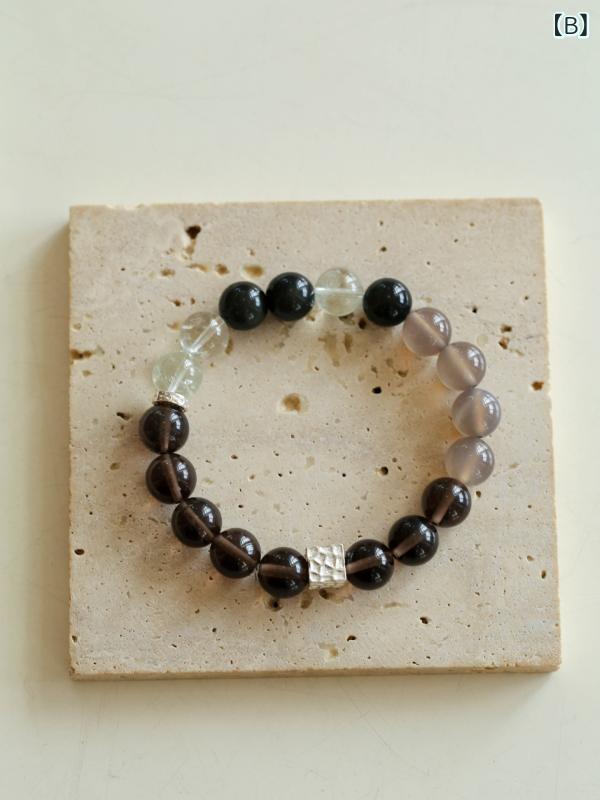 ブレスレット 男女兼用 茶晶 灰瑙 水晶 925シルバー シンプル 重ね付け チャイナ風 天然石 グレー ブラウン系 アクセサリー ファッション 日常使い スタイリッシュ ジュエリー 3