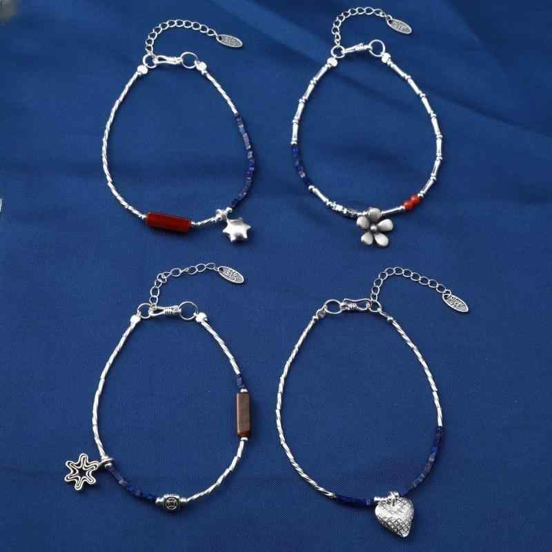 ブレスレット レディース 純銀 小花 ハート 竹節 ラピスラズリ 細管 筒型 デザイン シンプル ファッシ..