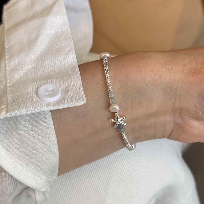 ブレスレット レディース 925シルバー 天然パール 不規則海星 手作りデザイン 細かい銀粒 チャーム 汎..
