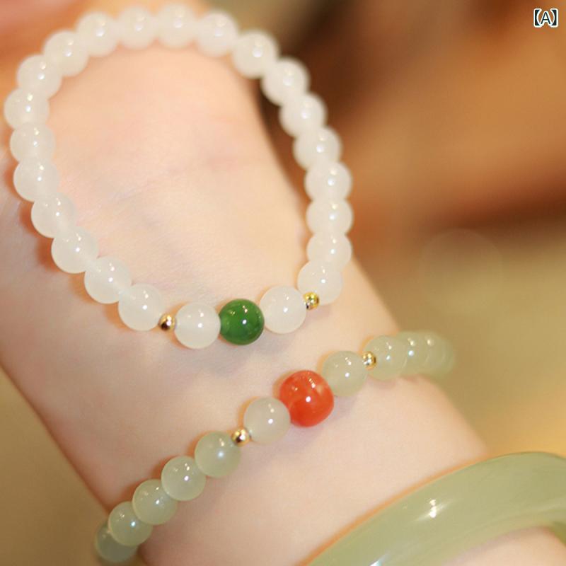 ブレスレット レディース 天然和田玉 手串 晴水緑 丸珠 シンプル 宮廷風 エレガント 天然石 ビーズ ア..