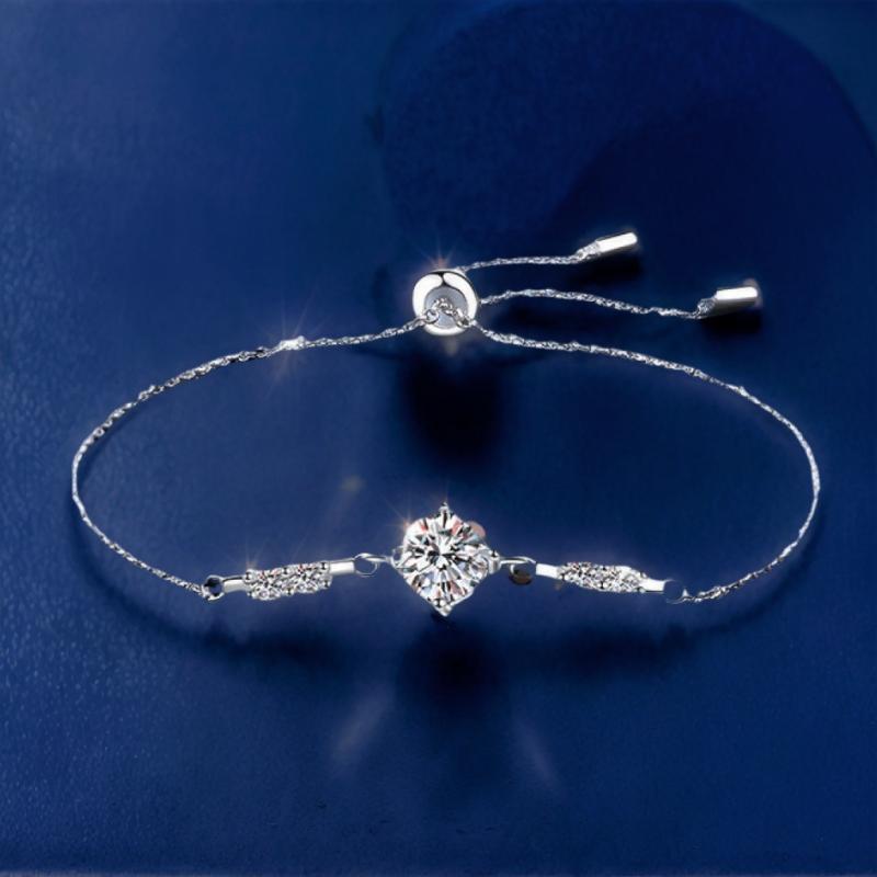 レディース ブレスレット 純銀 S925 モサン石 四爪設定 Dカラー 調節可能 シンプル ミニマル 手首アク..